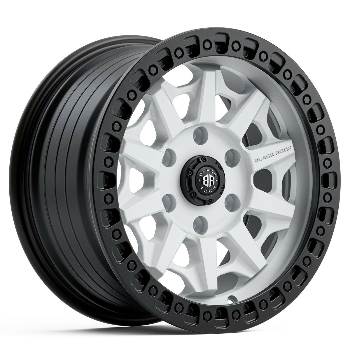 Black Rock Cage Satin White Black Ring 17x8 wheel for KGM SsangYong Musso and Rexton