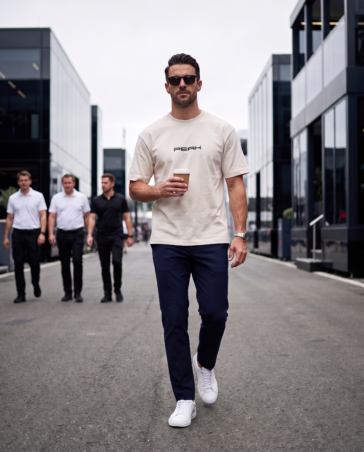 PEAK Heavy Tee in Ecru, worn walking through a race paddock with a coffee