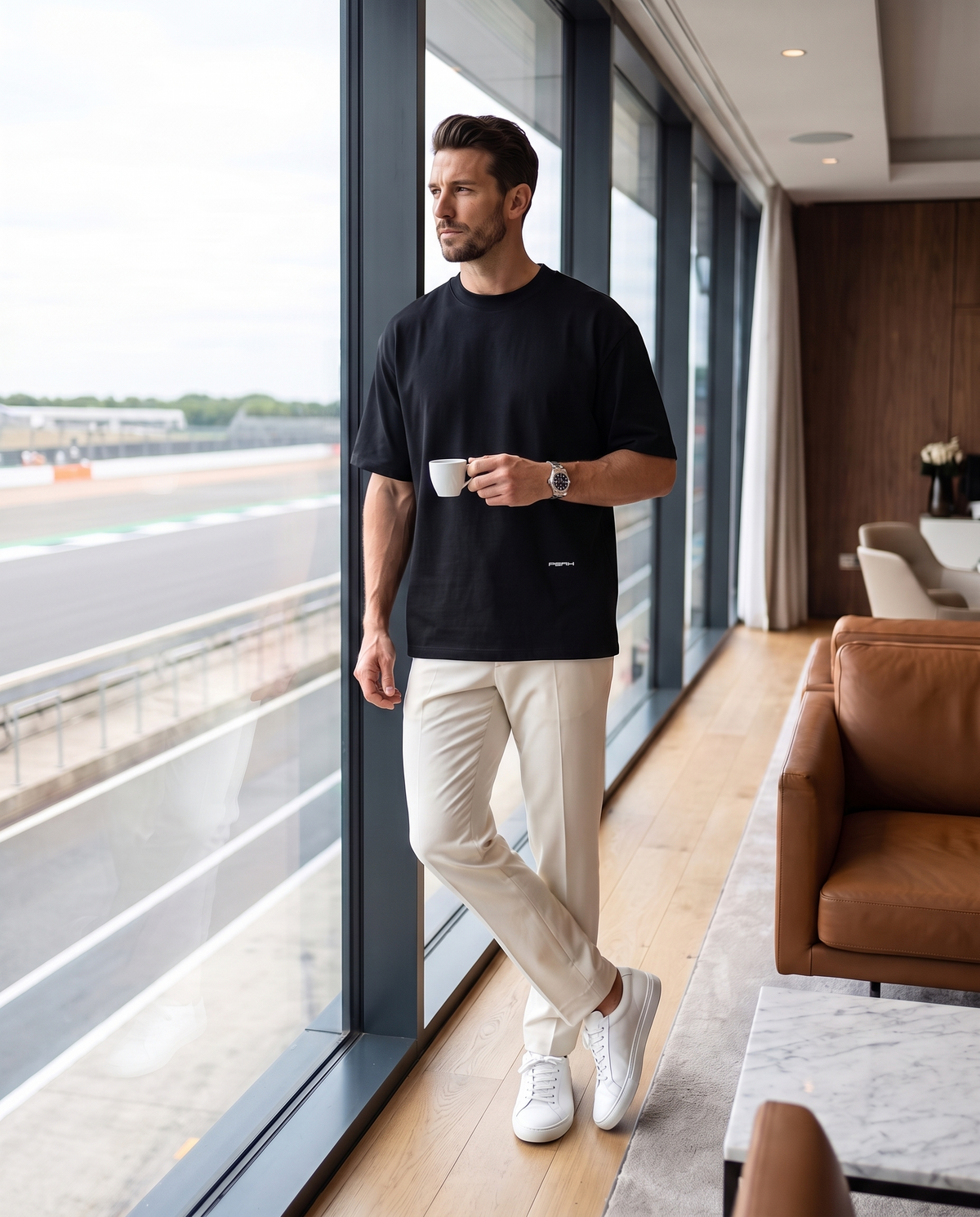 PEAK Hem Tee in Black, worn in a paddock club lounge overlooking the circuit