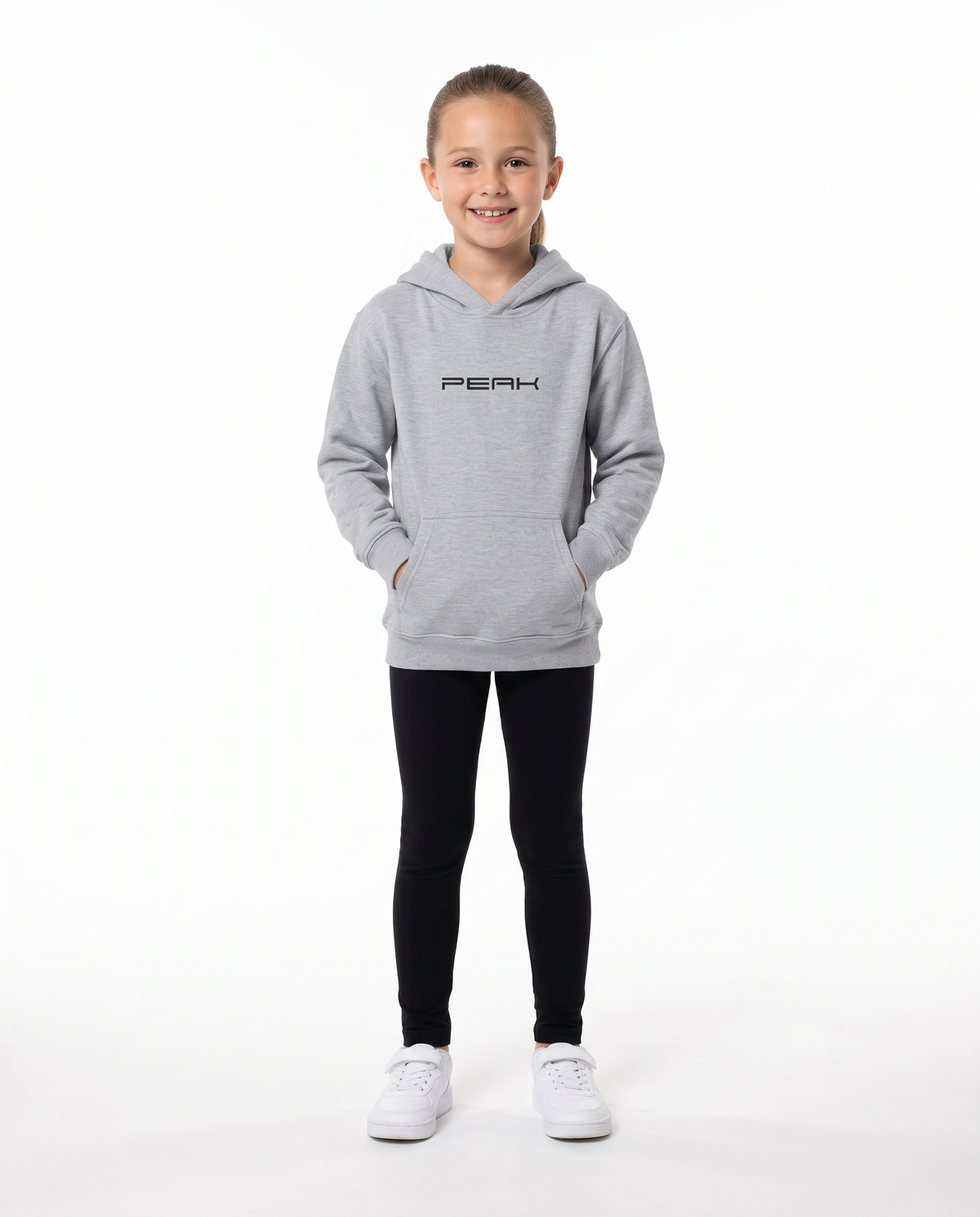 PEAK Kids Hoodie in Sport Grey, worn by a girl