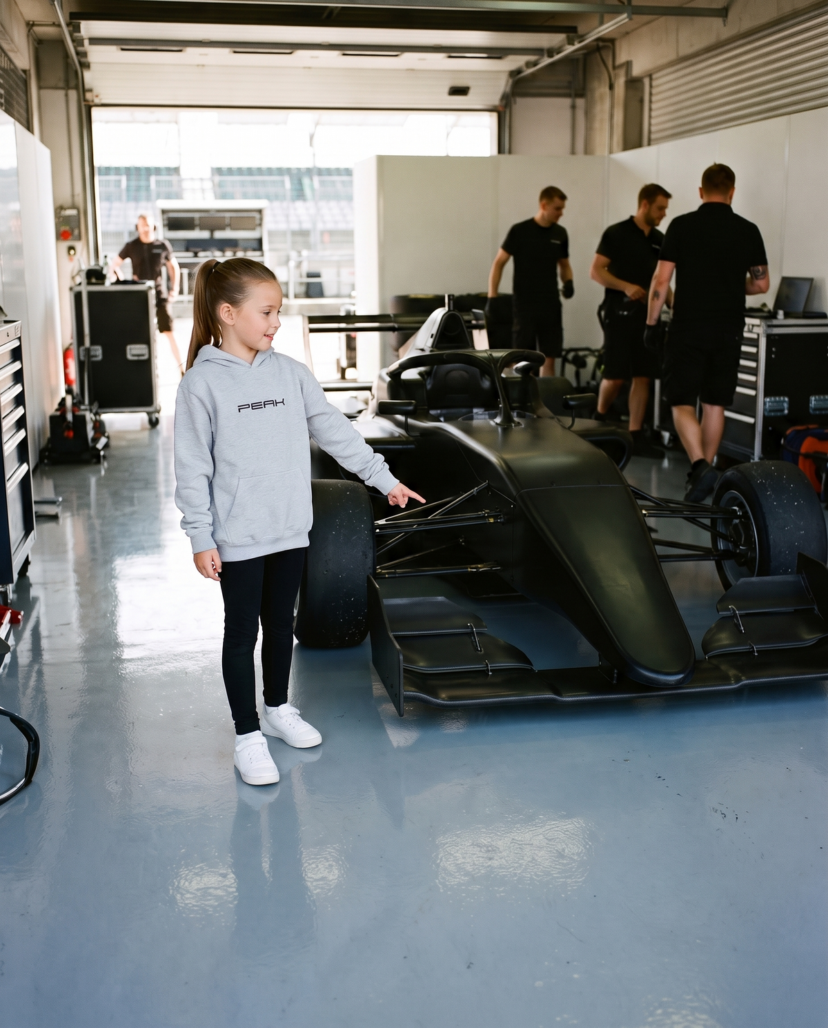 PEAK Kids Hoodie in Sport Grey, worn by a girl on a race team pit garage tour