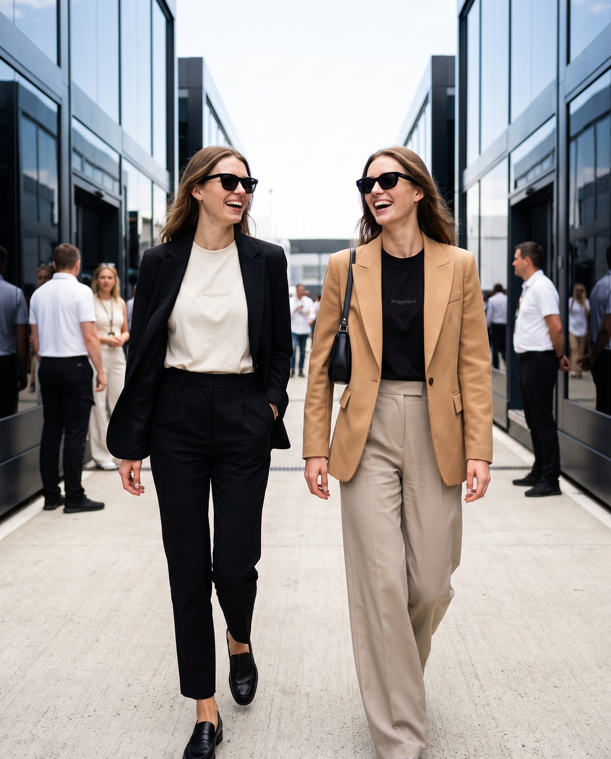 PEAK Tonal Tee in Ecru and Black, worn with tailored blazers walking through a race paddock
