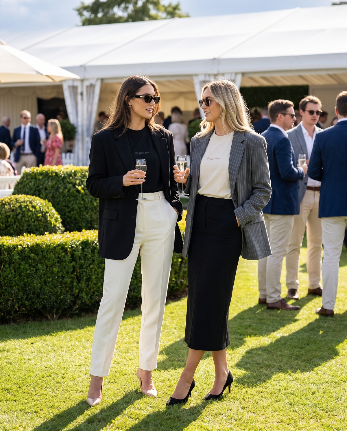 PEAK Tonal Tee in Black and Ecru, worn with blazers on the lawn at a grand prix hospitality garden