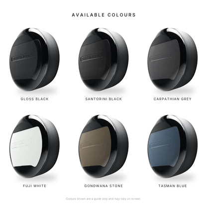 Spare wheel cover colour options for Land Rover Defender: Gloss Black, Santorini Black, Carpathian Grey, Fuji White, Gondwana Stone and Tasman Blue